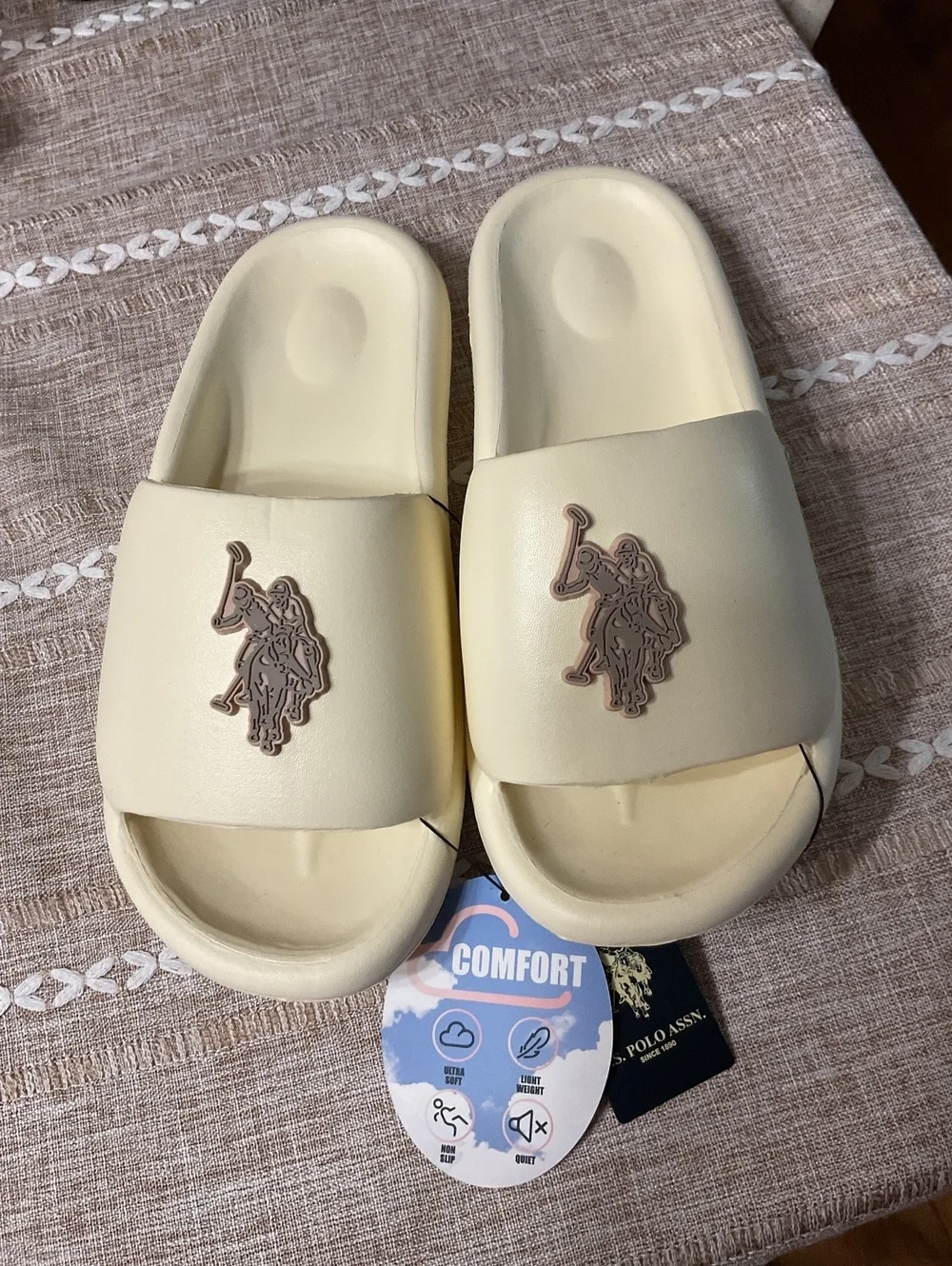 U.S. Polo Assn. Men’s Logo Slip-On Foam Slides Beige Tan Cream Size XL 11/12